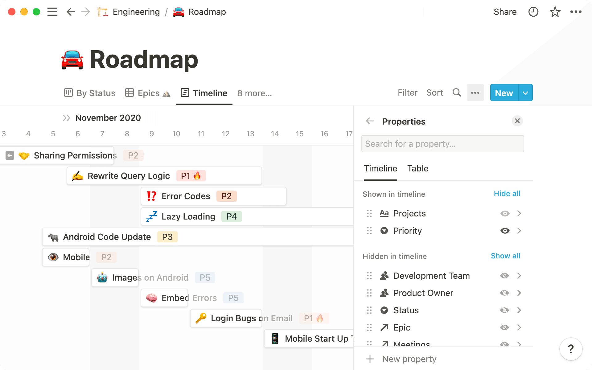 Você pode customizar as propriedades exibidas em sua visualização de cronograma.